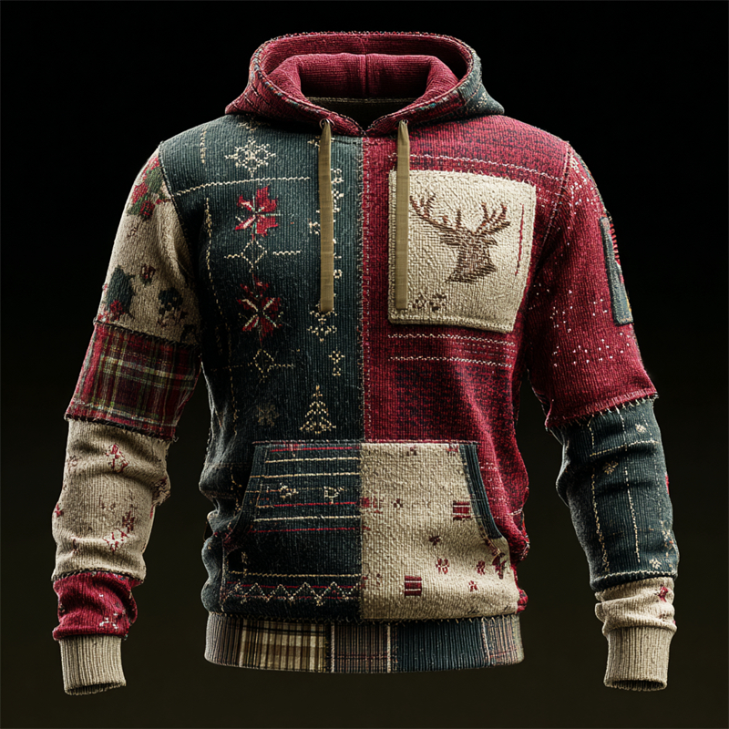 Vintage Christmas Reindeer Plaid Patchwork Hooded Sweater