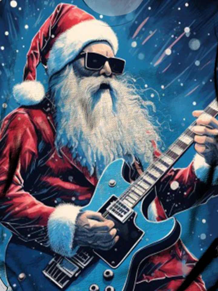 Santa Claus Playing Guitar Print Crew Neck Blue Sweatshirt