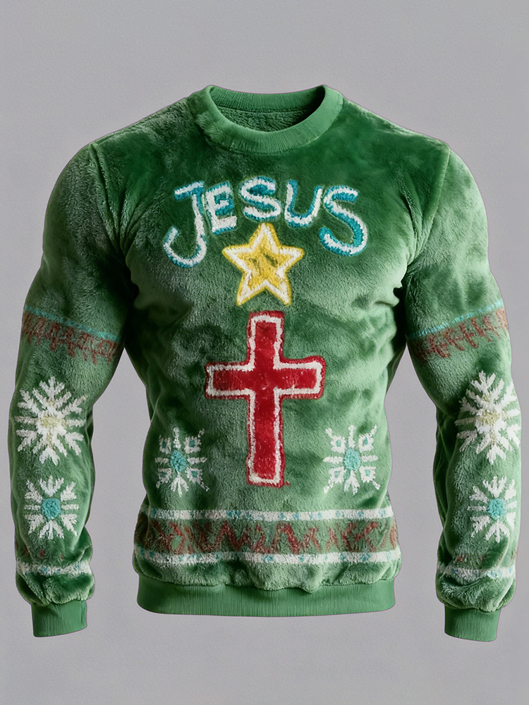 Men's Christmas Jesus Comfortable Crew Neck Plush Sweatshirt