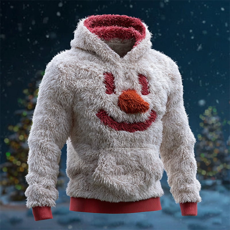 Men's Christmas Snowman Face Cozy Plush Hoodie
