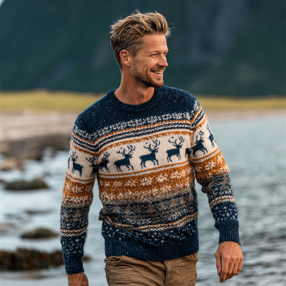 British-style Christmas Reindeer Stripe Design Men's Icelandic Sweater