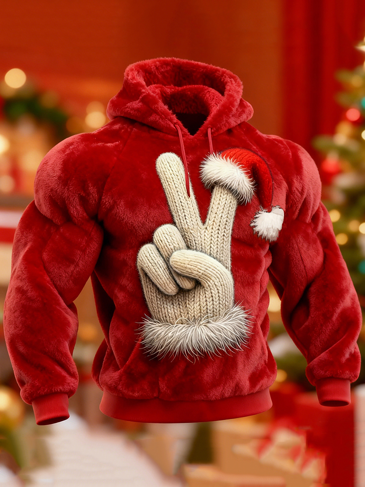 Men's Christmas Pose Pattern Plush Warm Hoodie