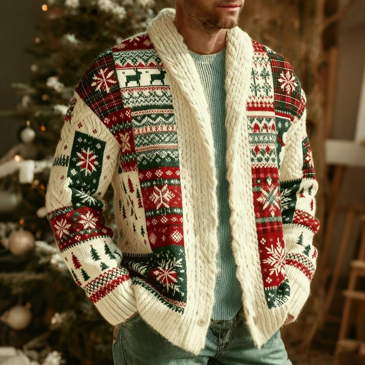 Men's Vintage Christmas Pattern Cozy Knitted Sweater Cardigan