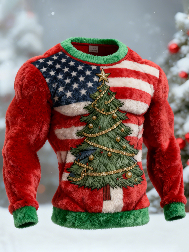 Men's Flag Christmas Tree Round Neck Ugly Sweater