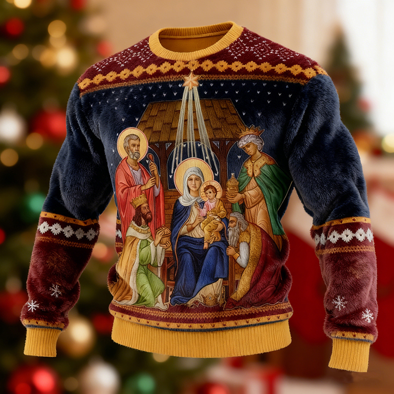 Men's Vintage Christmas Nativity Pattern Casual Flannel Sweatshirt