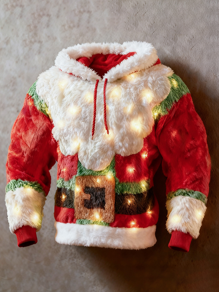 Men's Fun Santa Claus Color Block Flannel Hoodie