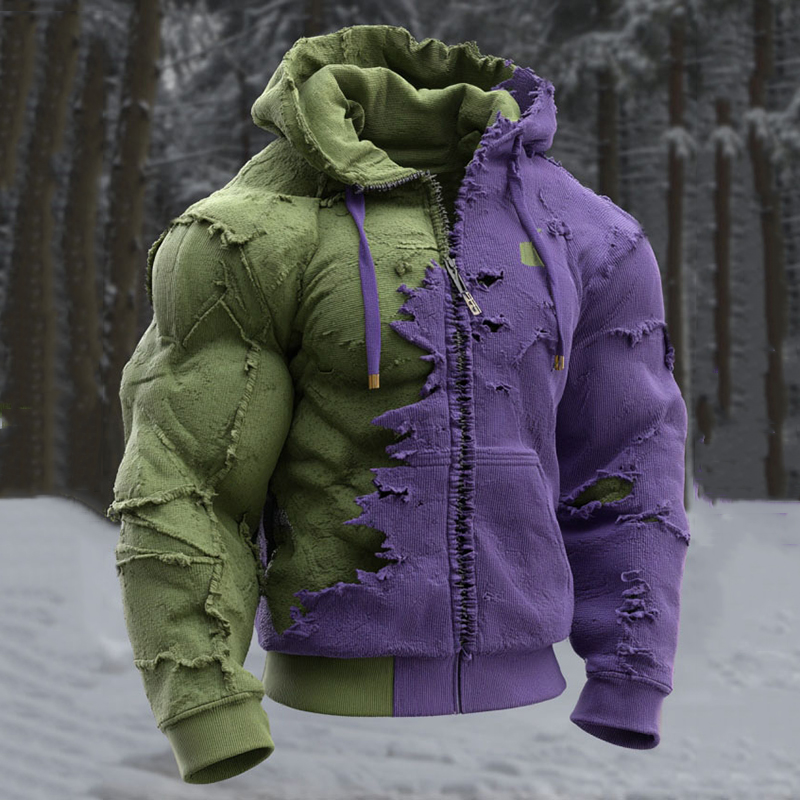 Men's Vintage Christmas Green Muscle Line Contrast Casual Zipper Hoodie