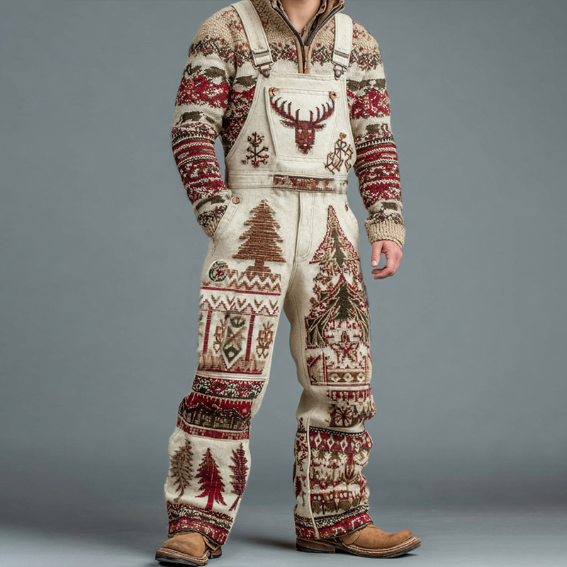 Men's Christmas Party Deer Head Christmas Tree Embroidered Jumpsuit