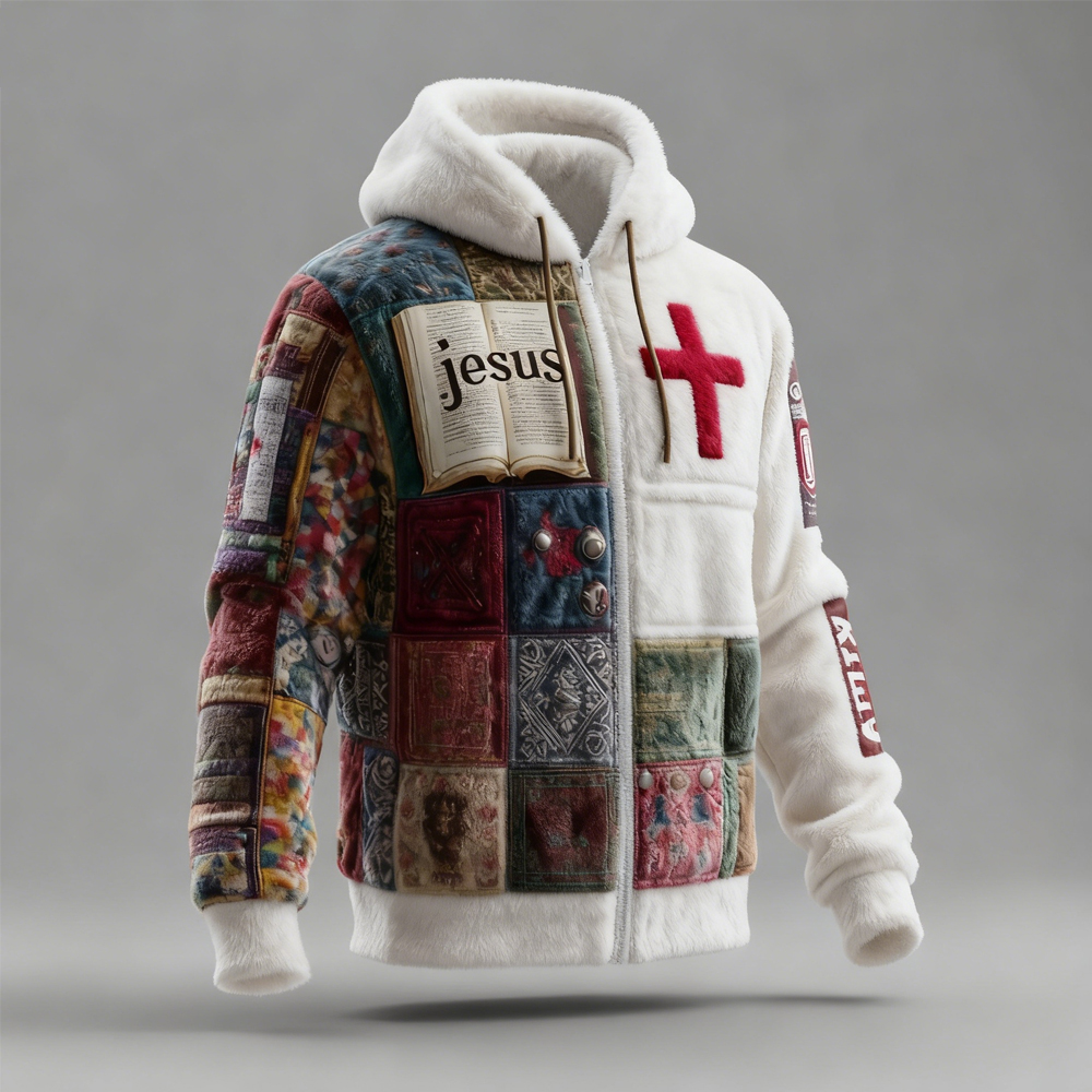 Men's Vintage Christian Patchwork Art Full Zip Plush Hoodie