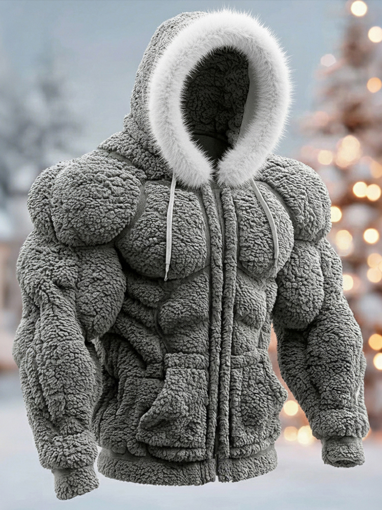 Men's Vintage Christmas Art Cozy Plush Zip-up Hoodie