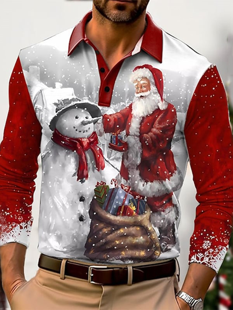 Men's Casual Santa Christmas Printed Long Sleeve Polo Shirt
