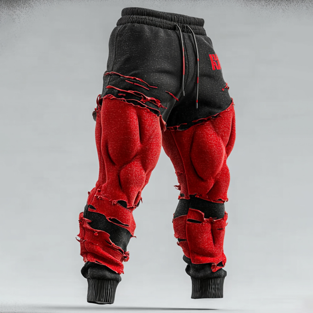 Men's Muscle Line Art Flannel Distressed Warm Pants