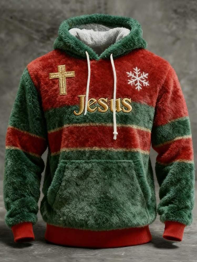 Men's Vintage Christmas Jesus Cross Print Plush Warm Hoodie
