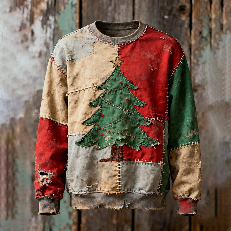 Men's Vintage Christmas Tree Patchwork Print Casual Sweatshirt