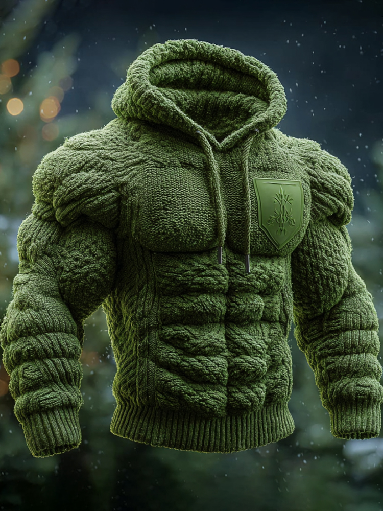 Men's Retro Muscle Line Thick Knitted Hooded Sweater