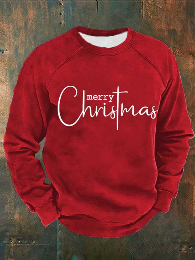 Man's Merry Christmas Print Casual Crew Neck Sweatershirt