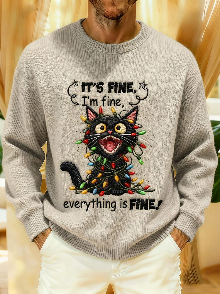 Men's It's Fine Christmas Cat Embroidered Cozy Knit Sweater