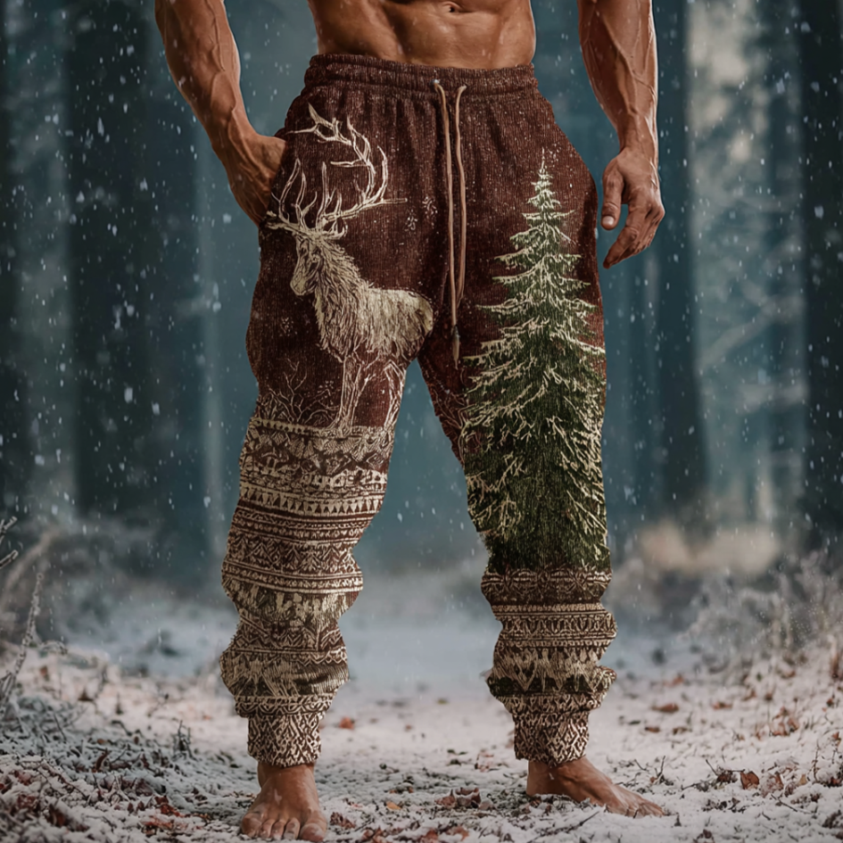 Men's Retro Christmas Reindeer Print Flannel Long Pants