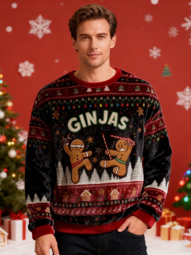 Gingerbread Ninjas In Battle Christmas Ugly Velvet Sweatshirt