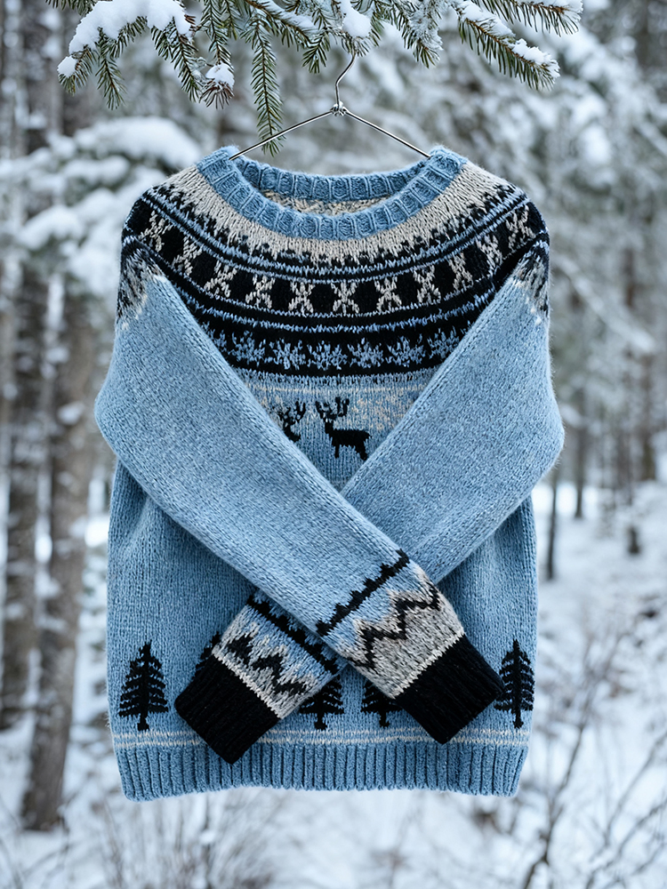 Vintage Christmas Tree Icelandic Knit Jacquard Warmth Crew Neck Sweater(unisex)