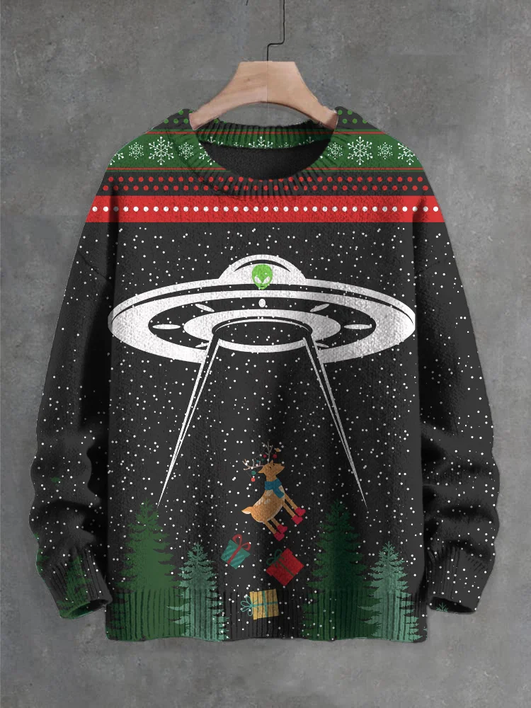 Men's Christmas Snowflake Ufo Reindeer Gift Art Print Knit Crew Neck Sweater