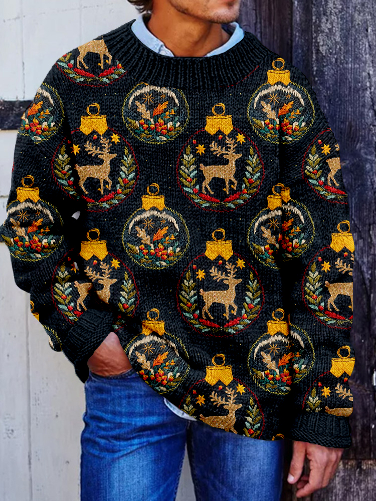 Men's Gold Glitter Reindeer Christmas Embroidered Cozy Sweater