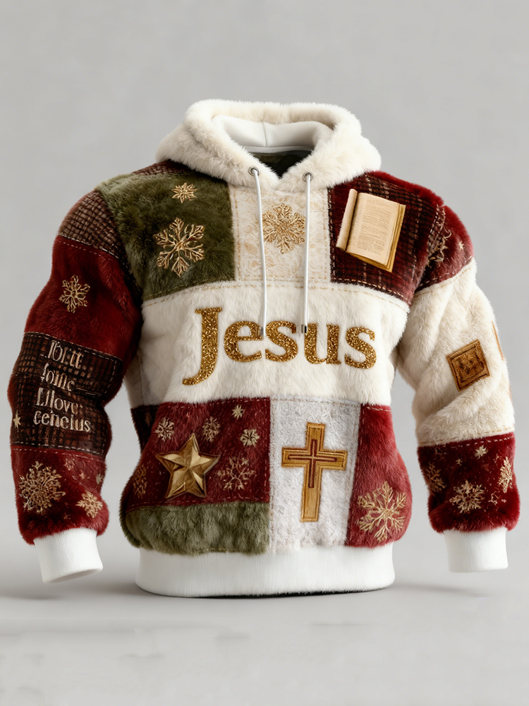 Men's Christmas Jesus Print Casual Plush Warm Hoodie