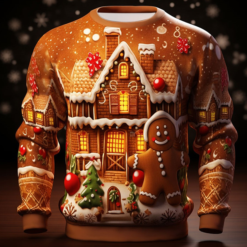 Men's Christmas Gingerbread Print Crew Neck Long Sleeve Casual Sweatshirt