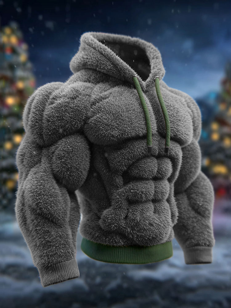 Men's Vintage Muscle Line Art Flannel Cozy Hooded Sweatshirt