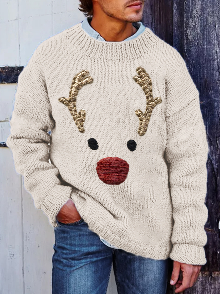 Christmas Deer Embroidery Men's Crew Neck Sweater