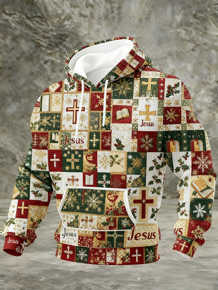 Men's Christmas Faith Patchwork Print Casual Hoodie