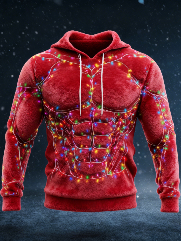 Christmas Lights & Muscle Contour Design Men's Hooded Flannel Sweatshirt