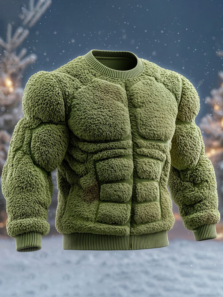 Muscle Line Art Plush Warm Crew Neck Pullover