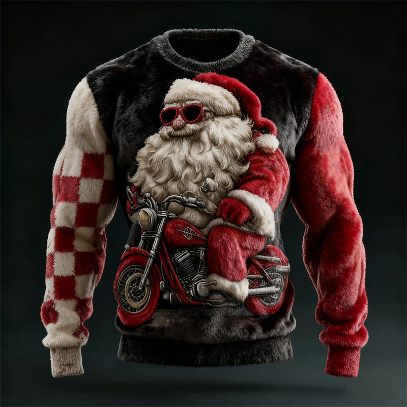 Men's Christmas Motorcycle Santa Claus Contrast Cozy Plush Sweatshirt
