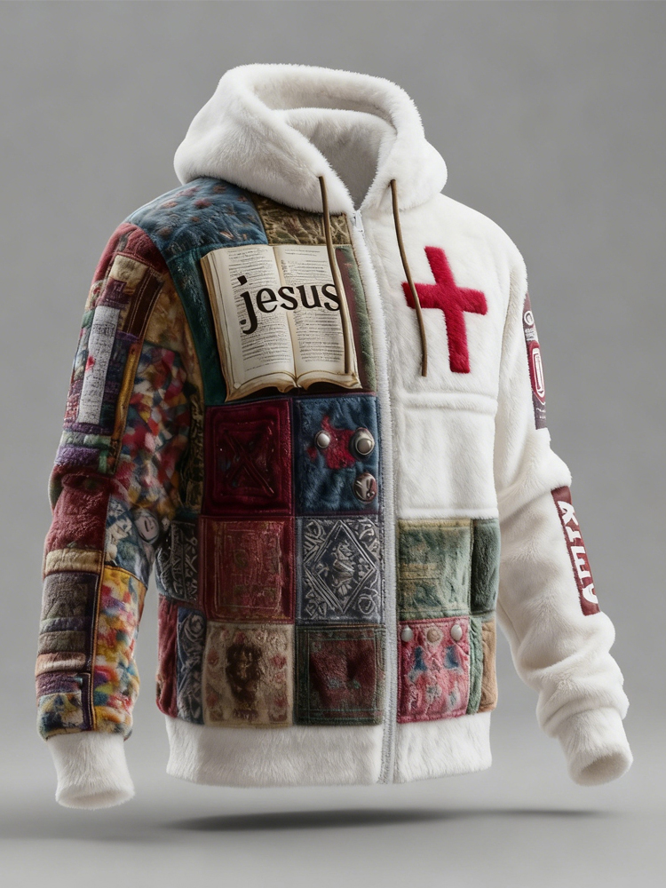 Men's Vintage Christian Patchwork Art Full Zip Plush Hoodie