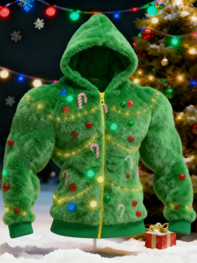 Men's Cosplay Christmas Tree Pattern Zipper Ugly Hooded Sweater
