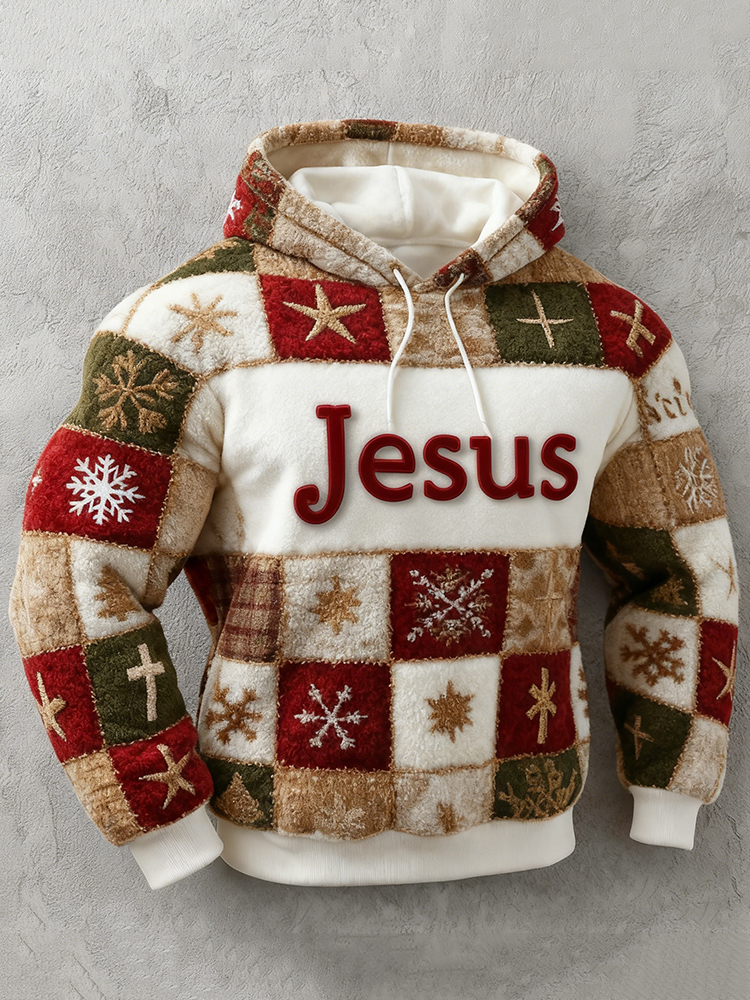 Men's Vintage Christmas Jesus Patchwork Print Plush Warm Hoodie
