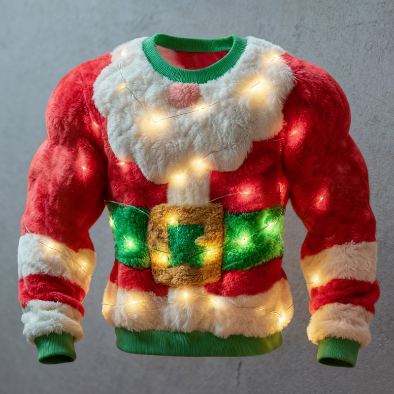 Men's Fun Christmas Santa Claus And Colorful Lights Color-blocked Crew Neck Plush Sweatshirt