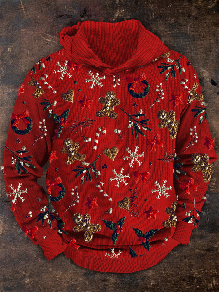 Christmas Element Embroidery Men's Hooded Sweatshirt