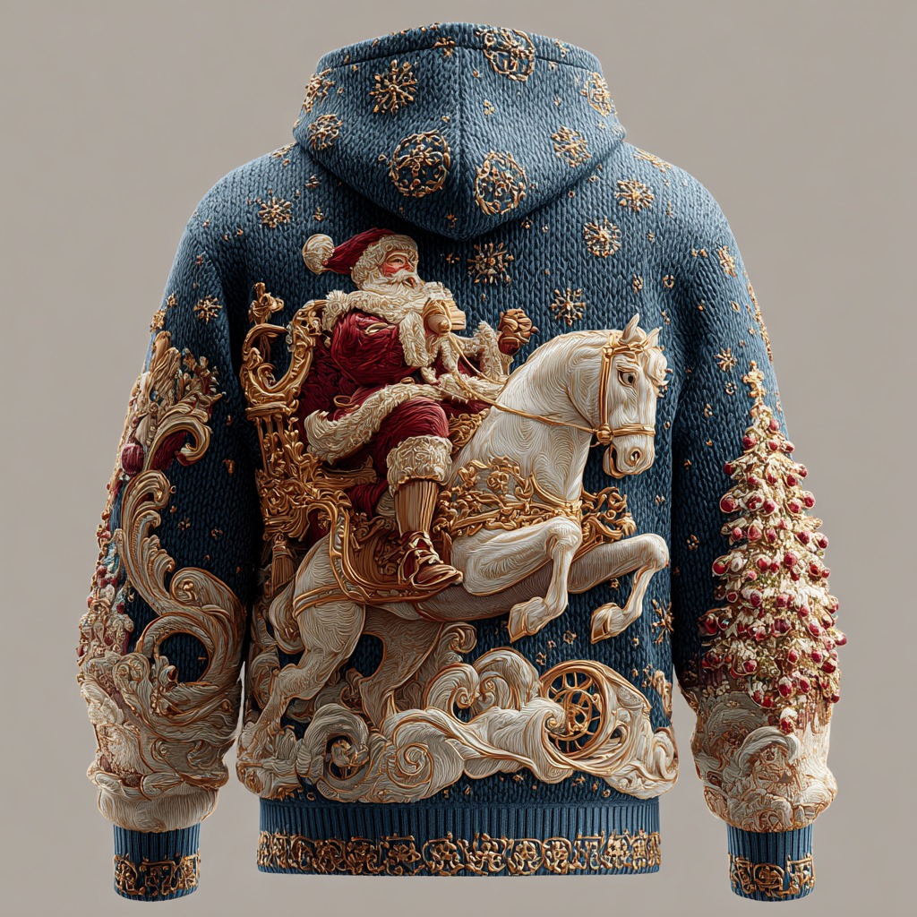 Christmas Santa Claus And White Horse Art Knitted Hooded Sweater