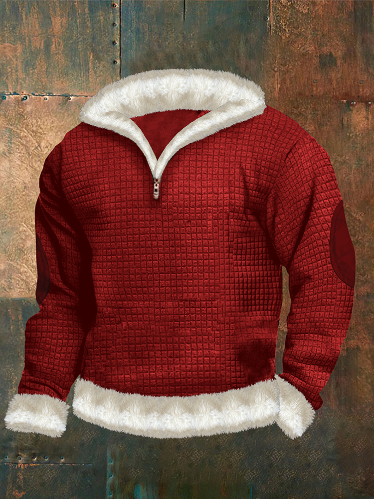 Men's Fur Collar Red Christmas Printed Zipper Sweatshirt