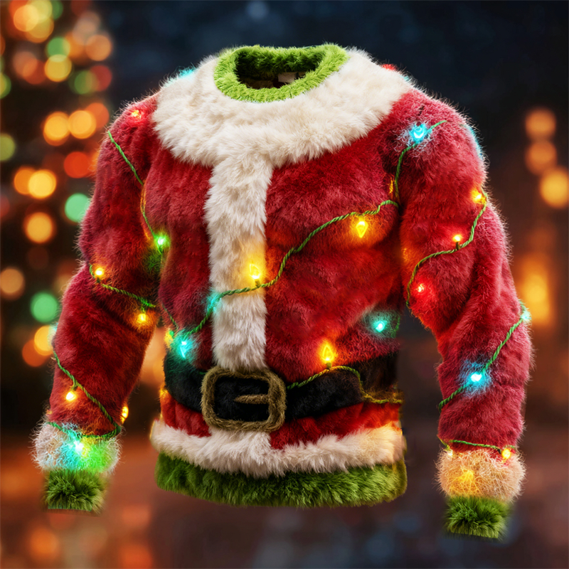 Men's Christmas Lights Muscular Santa Monster Cozy Plush Sweatshirt