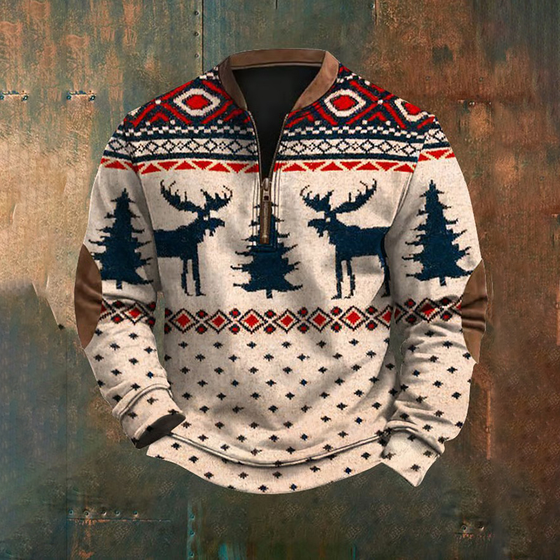 Men's Christmas Western Elk Print Zip Collar Sweatshirt