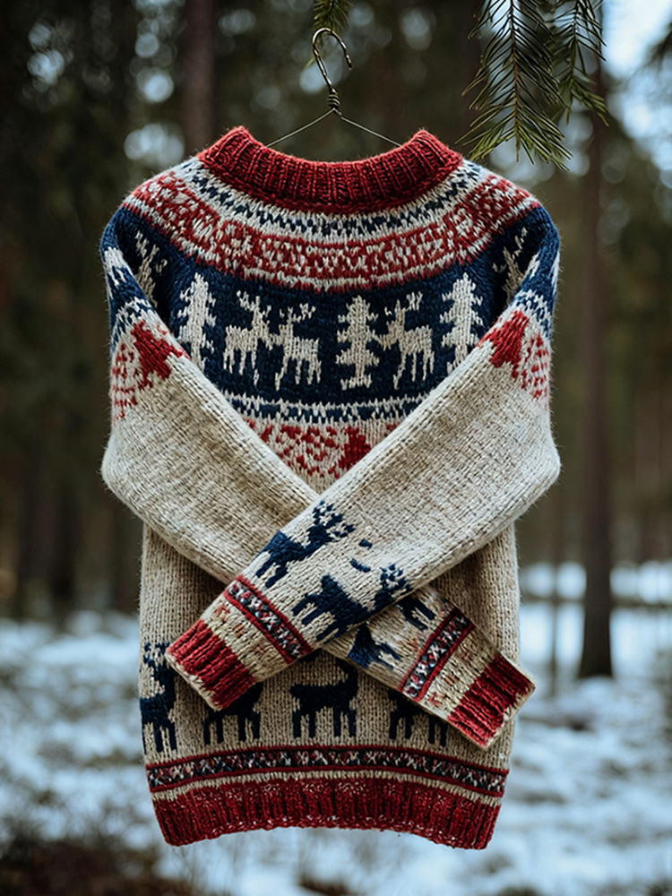 Vintage Christmas Deer Icelandic Knit Jacquard Warmth Crew Neck Sweater(unisex)