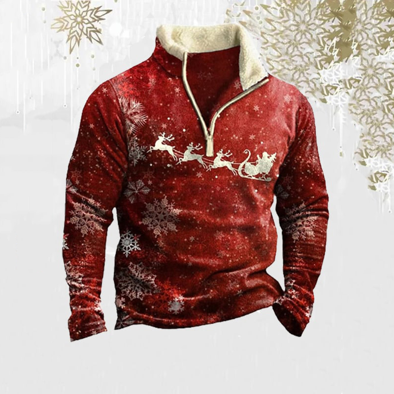 Men's Christmas Santa Claus Elk Snowflakes Print Zippered Wool Collar Sweatshirt