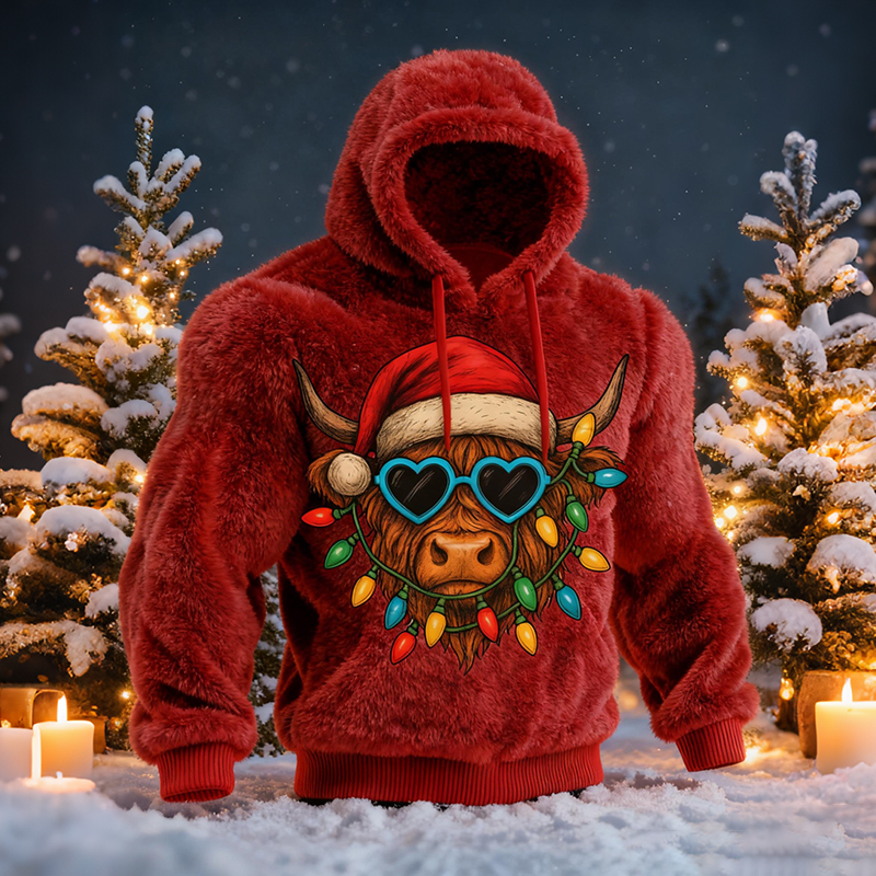 Men's Highland Cow Christmas Tree Comfort Plush Hoodie