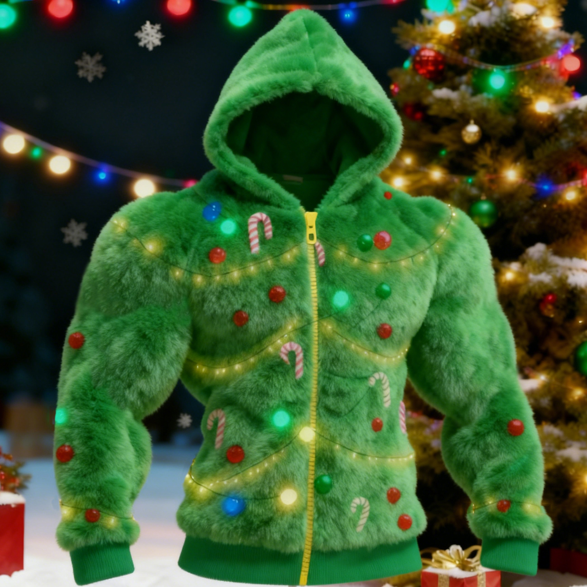 Men's Cosplay Christmas Tree Pattern Zipper Ugly Hooded Sweater