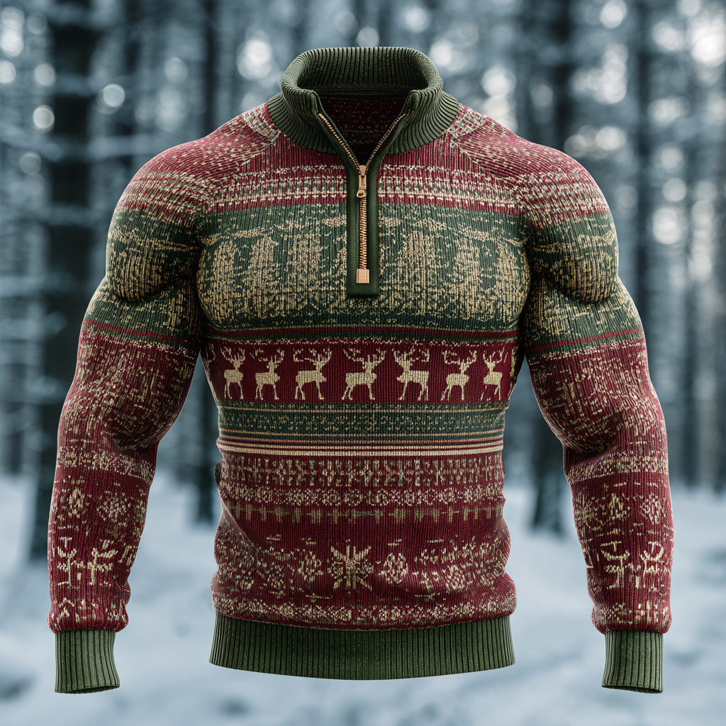Men's Christmas Deer Art Cozy Knit Half Zipped Sweater