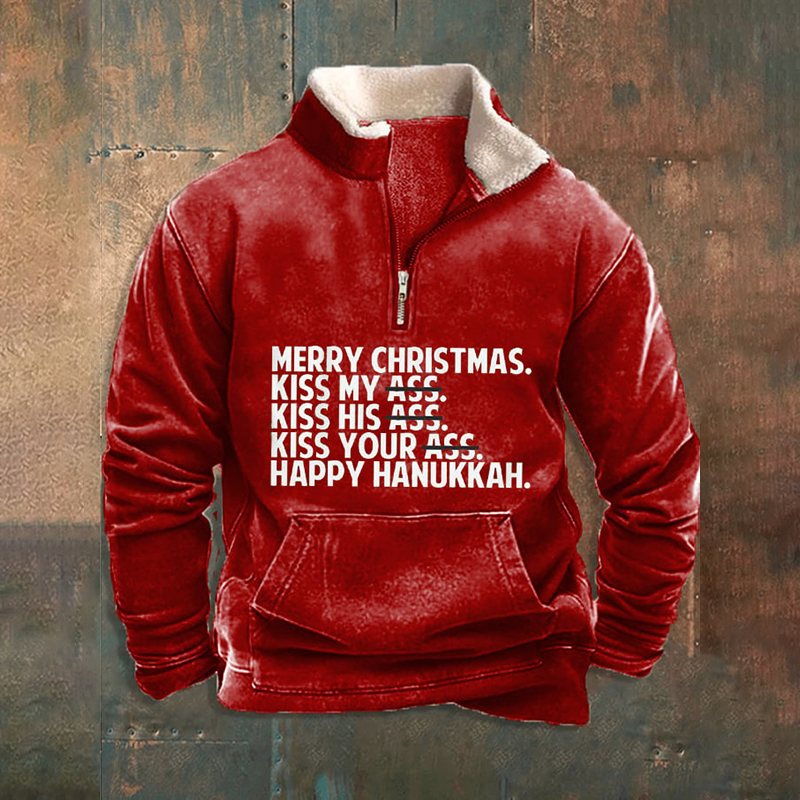 Men's Funny Merry Christmas Merry Kiss My Ass Printed Zipper Fur Collar Sweatshirt