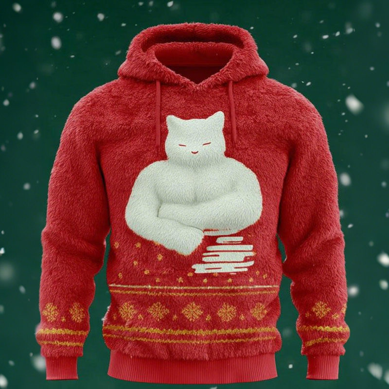 Men's Plush Hoodie With A Grumpy Cat Pattern